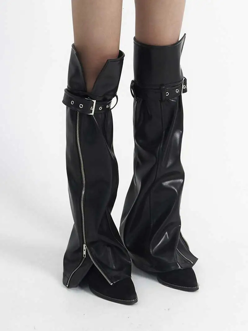 REDDACHiC Zip-up Slit Leather Leg Warmers Women Dark Punk Grayu Black Deconstructed Belt Knee Long Socks Y2k Moto PU Boots Cover 240613