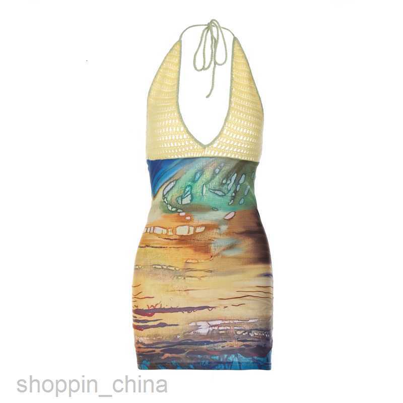 Basic Casual Women Dresses Spring New Sexy Print Spliced Woolen Deep V Hanging Neck Wrapped Hip Dress for Women