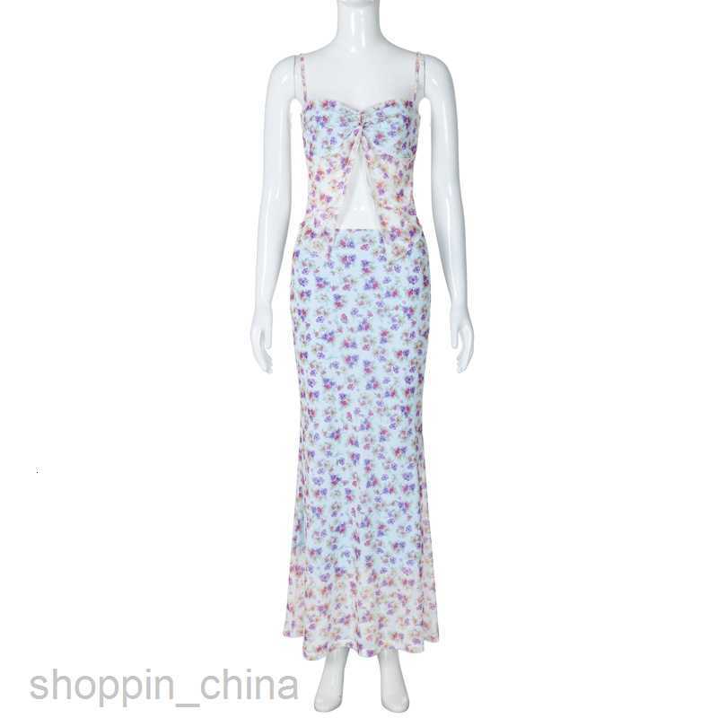 Two Piece Dress Sets style new sexy double-layer mesh suspender slim fit skirt pure desire style floral set for women