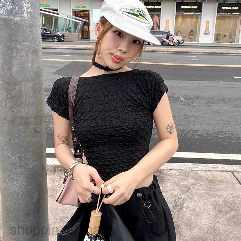 Women's T Shirt solid color fashionable popcorn fabric sexy backless short sleeved patchwork tie T-shirt for woman clothing tees tops