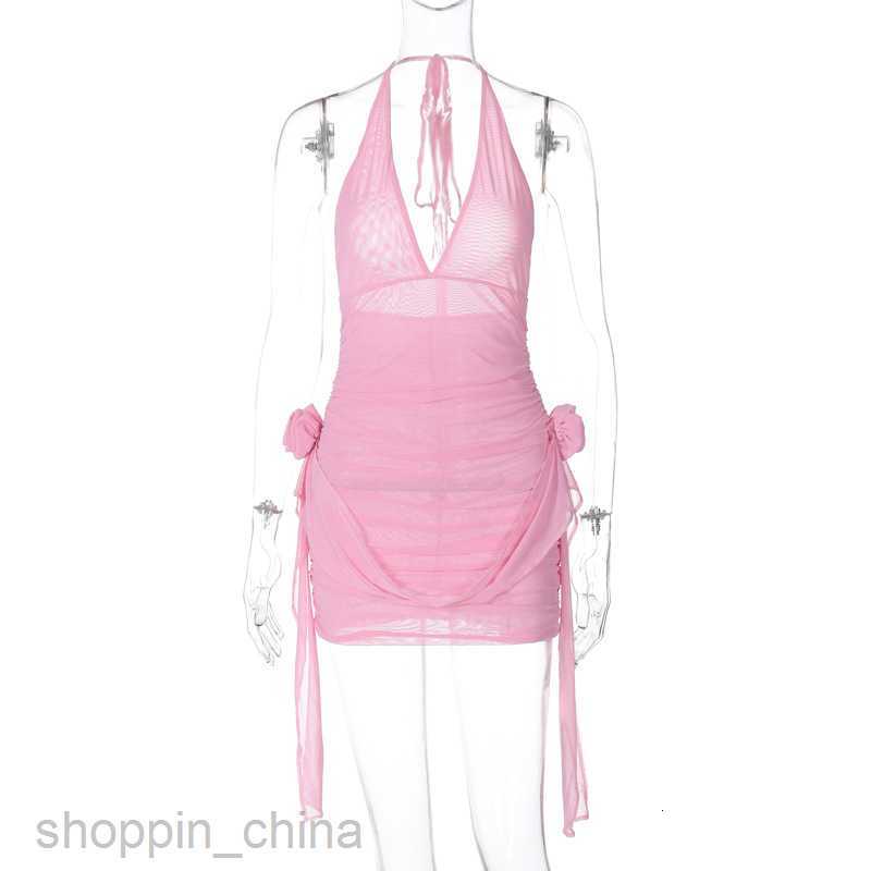 Basic Casual Dresses new sexy deep V wrapped chest backless hanging neck patchwork flower ribbon short dress