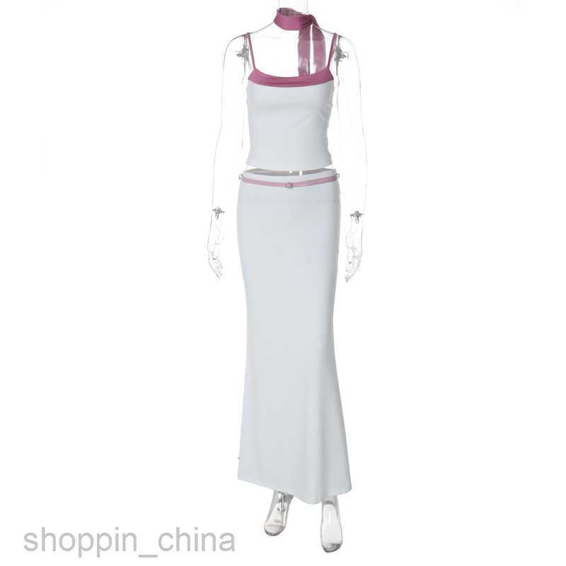 Two Piece Dress Sets Women's clothing summer new fashionable contrasting color suspender vest two-piece long skirt set for women