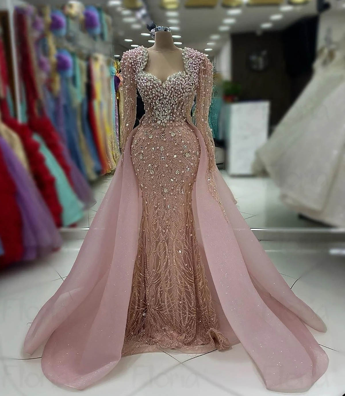 Luxury Evening Dresses Pearl Crystal Prom Gowns with Overskirt Beading Long Sleeve Custom Made Party Dresses Vestidos de noche