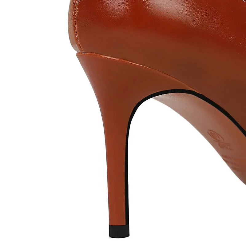 Elegant Women 8cm High Heels Slipony Pumps Retro Classic Pu Leather Stiletto Thin Heels Lady Brown Office Roman Simple Shoes 240612