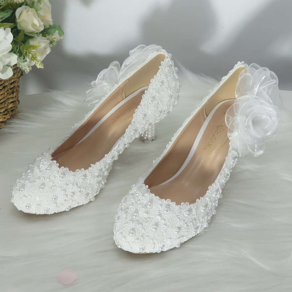 Baoyafang White Flower Women Wedding Bride Party Dress Woman High Heel Platform Shoes Ladies Handmade Lace Shoe
