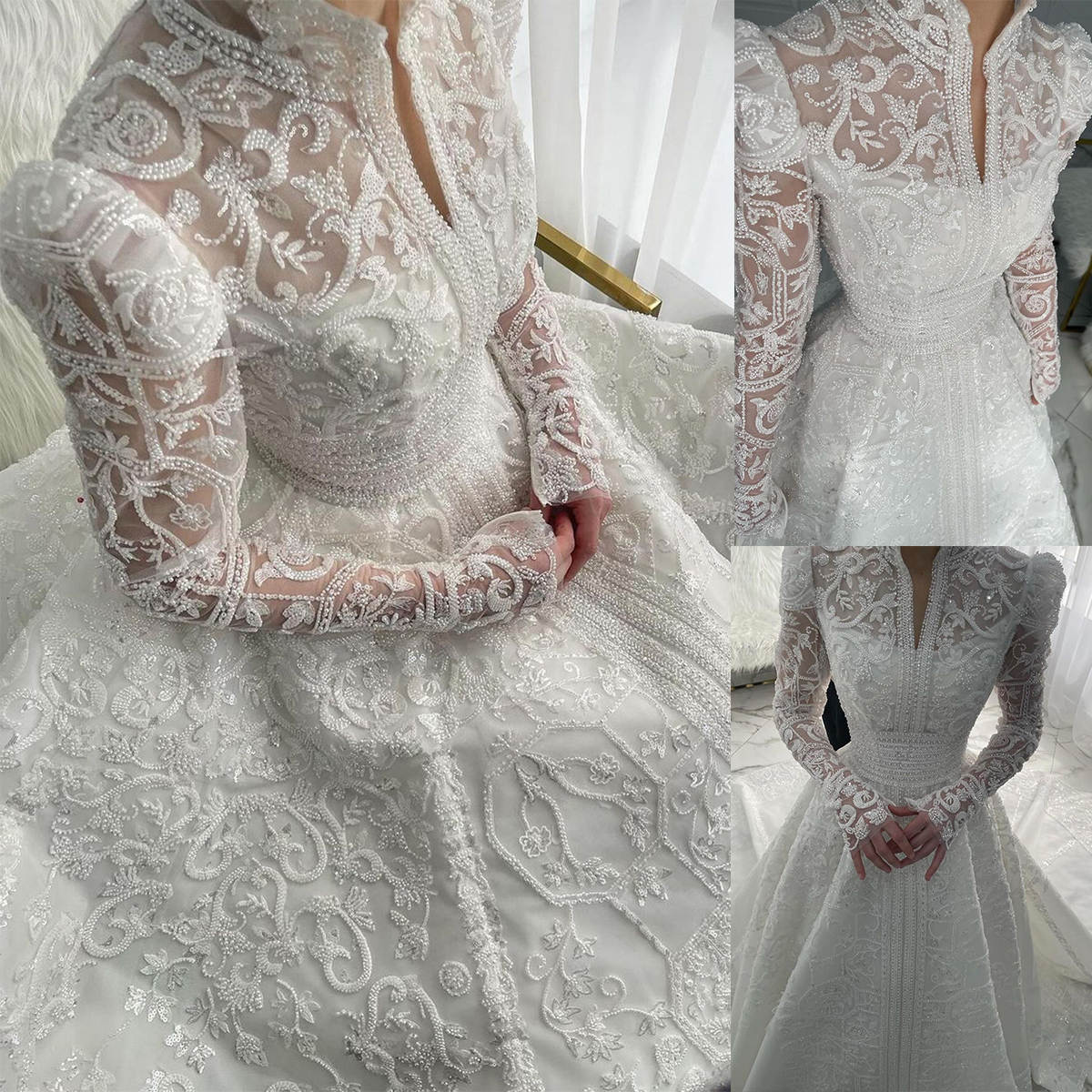Luxury Wedding Dresses Sequins Beading High Neck Bridal Gowns Pearl Muslim Long Sleeve Custom Made A Line Dress Vestido de novia