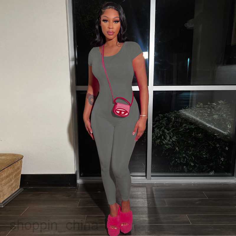 Women's Jumpsuits Rompers Summer Women's New Solid Color Short sleeved Backless Slim Fit and Hip Lifting Sports Fitness jumpsuit for Women