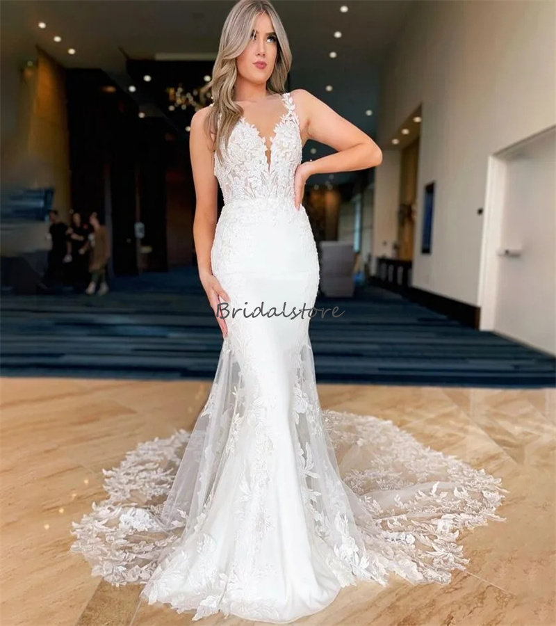 Glam Mermaid Lace Wedding Dresses 2024 Sexy Open Back White Appliques Boho Bridal Gowns Sweep Train Elegant Women Beach Bohemian Bride Dress Robe De M