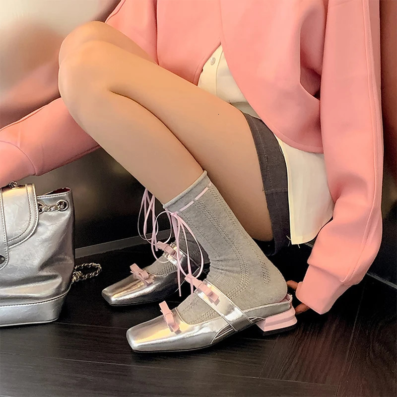 2024 Genuine Leather Square Head Shallow Mouth Single Shoes Womens Bow Versatile Comfortable Low Heel Thick Heel Small Shoe 240612