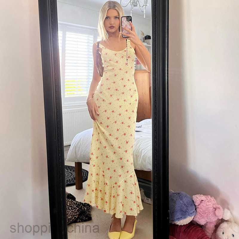 Basic Casual Women Dresses floral long fishtail skirt summer new print fashion trend suspender dress