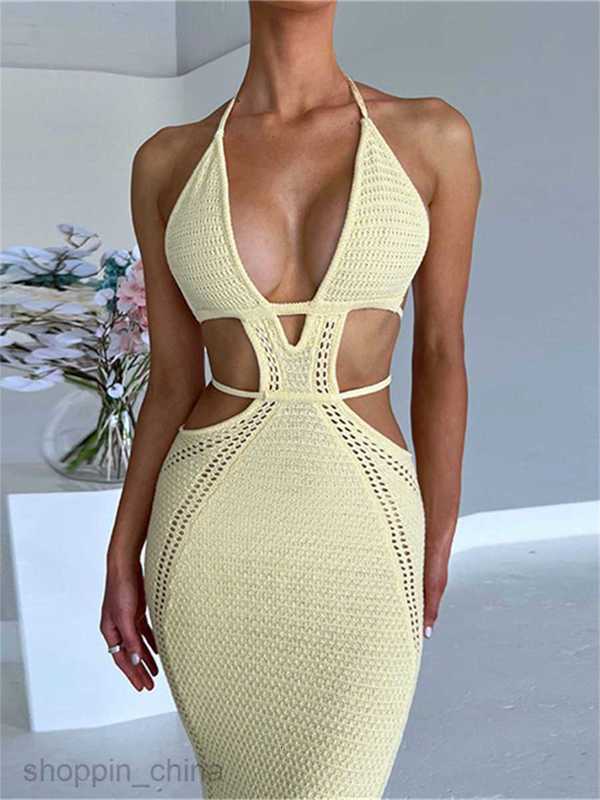 Women Halter Tieup Knit Crochet Beach Dress Sexy Backless Sleeveless Deep V Cutout Waist Wrapped Bodycon Dress Clubwear G05