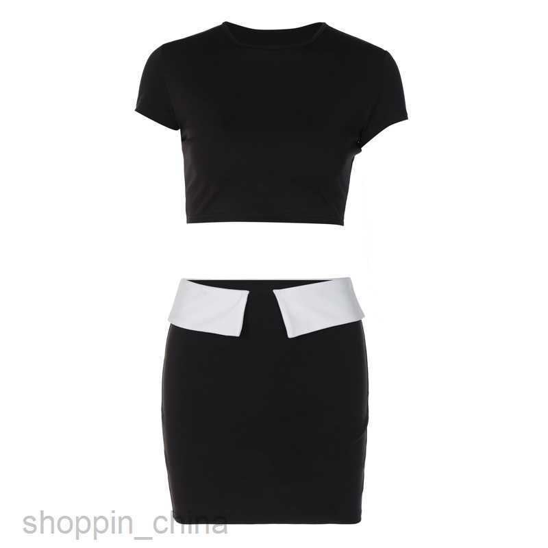 Two Piece Dress Sets Fashion contrasting color patchwork two-piece set for summer new women's short sleeved navel exposed slim fitting short skir