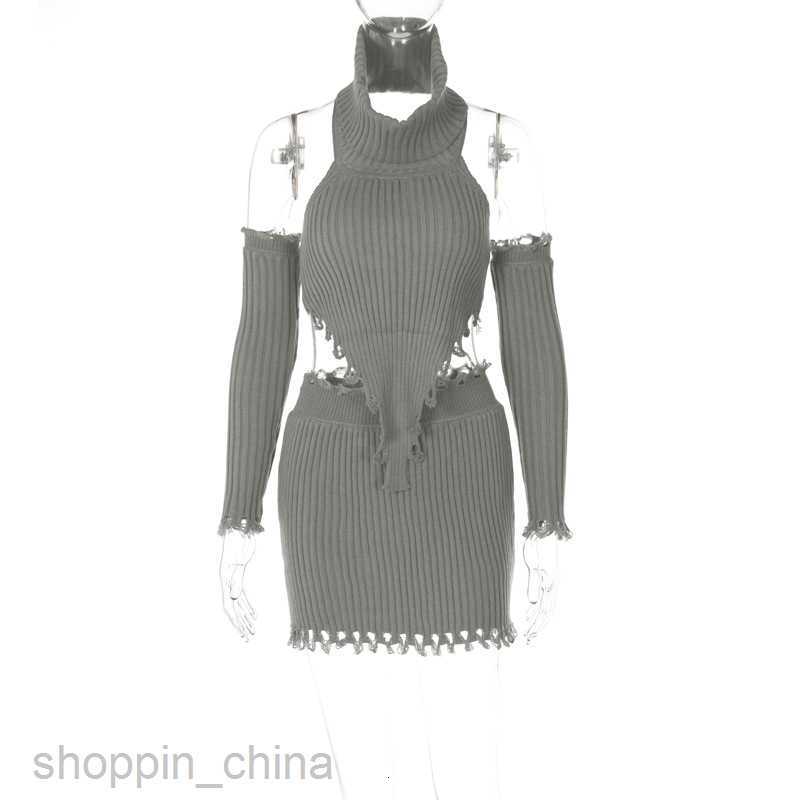 Two Piece Dress Sets New Set Sweater Women Sexy Wrap Chest High Collar Long Sleeve Irregular Short Skirt Edge Three Piece Set Women