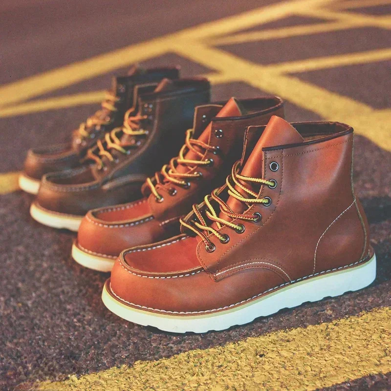 Mens Boots American Retro Tooling Boots Casual Crazy Horse Leather Vintage Man Lace Up Ankle Boots Hombre Zapatillas Hombre 240612