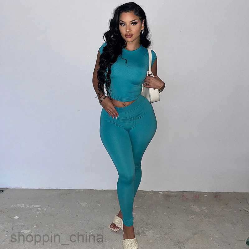 Women's Two Piece Sets Pants Casual round neck short sleeved T-shirt tight pants two-piece set for spring women's new sports set for women