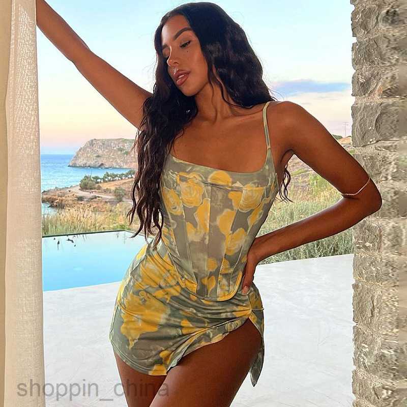 Two Piece Dress Sets Women's Spring New Print Sexy Short Skirt Slim Fit Small Tank Top Fashion Set for Women