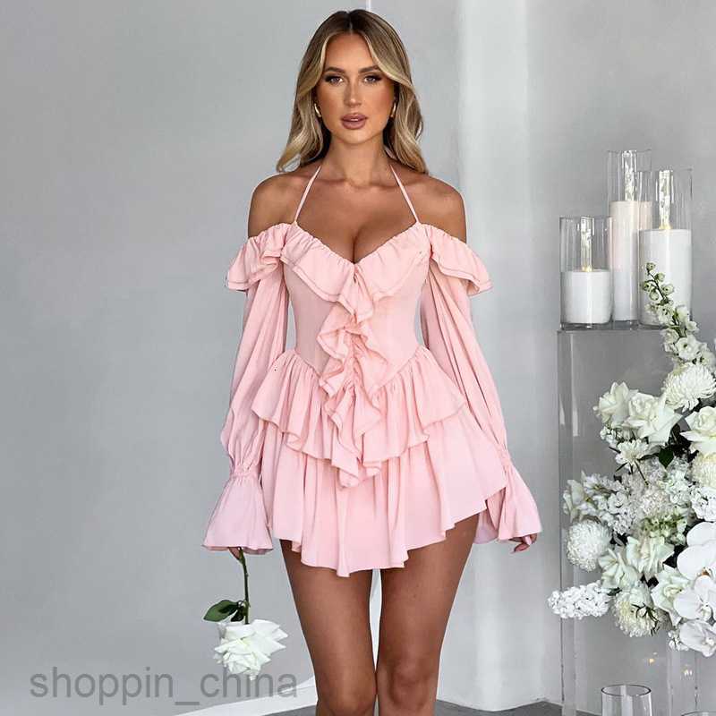 Basic Casual Women Dresses Wind Women's Summer New Sexy Hanging Neck Low cut Ruffled Edge Long sleeved jumpsuit shorts
