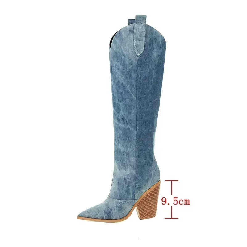 Denim Western Women Knee Thigh High Boots New Autumn Winter High Heel Cow Long Boots Size 43 Slip on Woman Shoes 240612