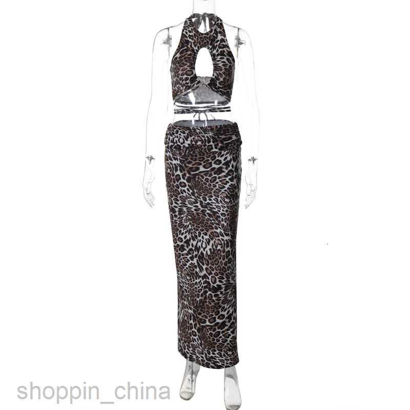 Two Piece Dress Sets Feng Summer New Leopard Print Sexy Lace up Chest Wrap Hip Long Dress Fashion Set for Women