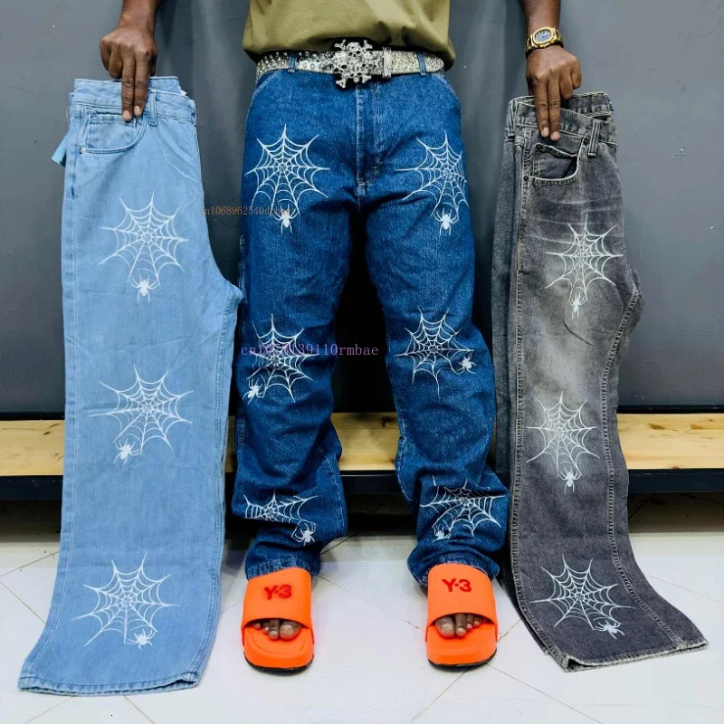 Y2k American Retro Jeans Men Women Ins Net Red Gangster Handsome Straight Jeans Summer Loose Pattern Printing Couple Pants 240531 - view 5