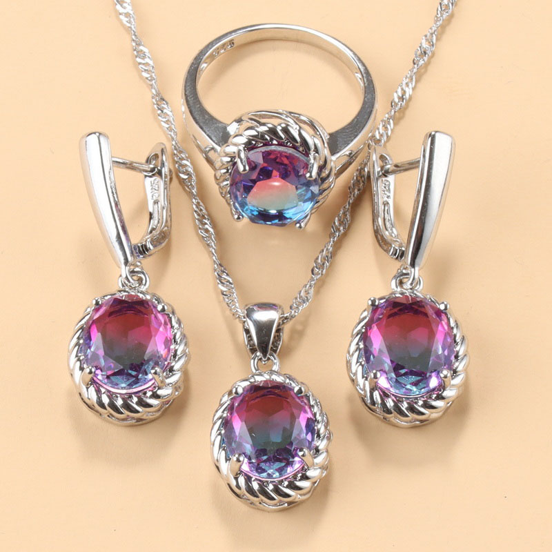13-Colors Stone 925 Silver Bridal Jewelry Sets Wedding Ring Costume Earrings Pendant Chain Necklace For Women Christmas Gift