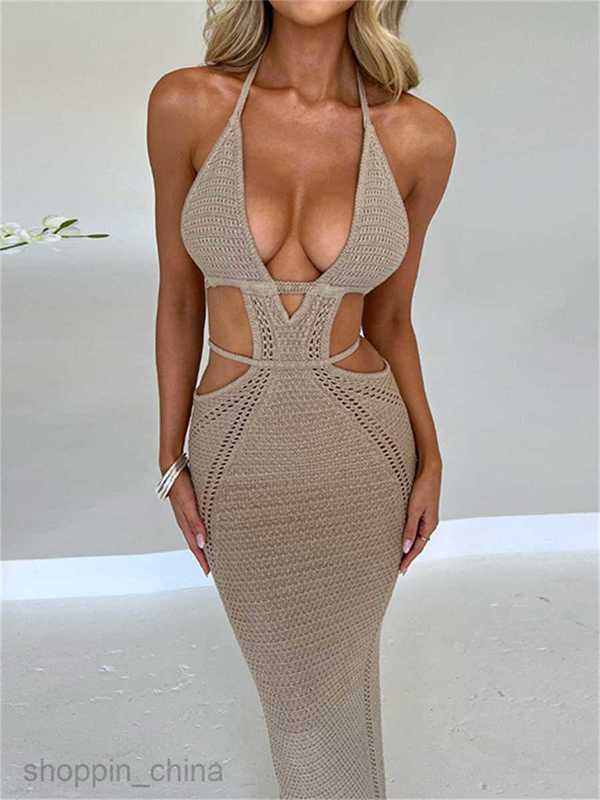 Women Halter Tieup Knit Crochet Beach Dress Sexy Backless Sleeveless Deep V Cutout Waist Wrapped Bodycon Dress Clubwear G05