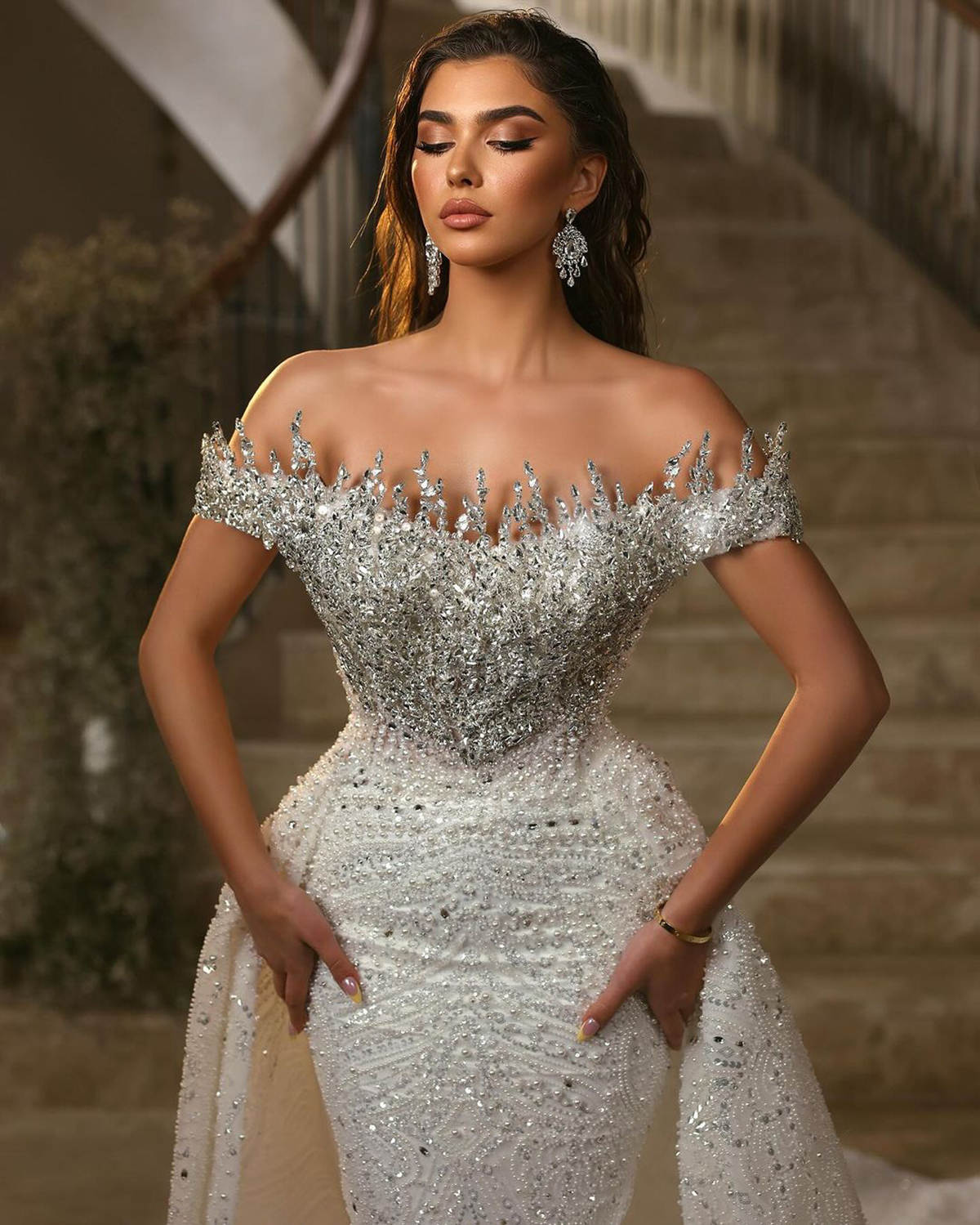 Exquisite Mermaid Wedding Dresses Pearls Crystals Sequins Lace Off Shoulder Tulle Backless Detachable Train Custom Made Plus Size Bridal Gown Vestidos