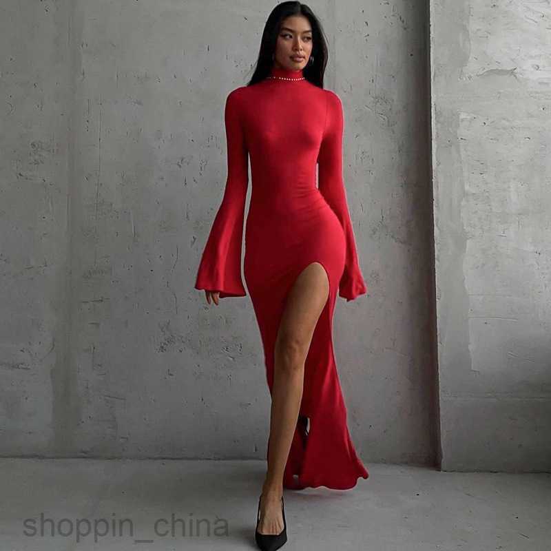 Basic Casual Dresses Feng Spring Women's New Flare Sleeves Sexy Open Back Split Long Dress Slim Fit Dress