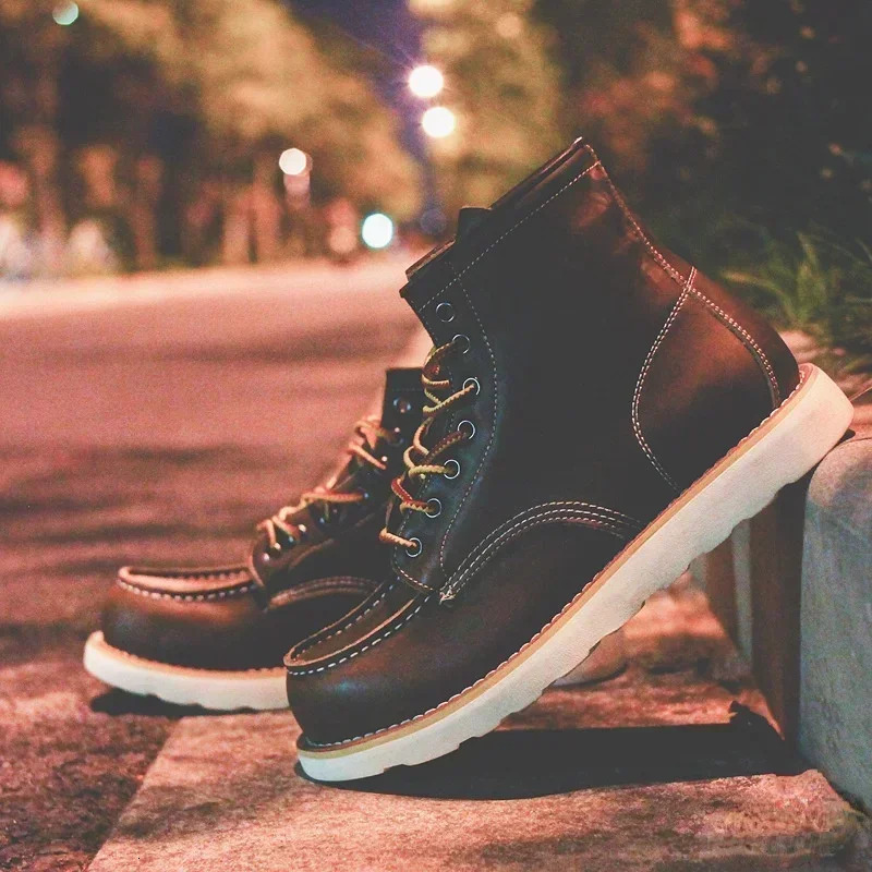 Mens Boots American Retro Tooling Boots Casual Crazy Horse Leather Vintage Man Lace Up Ankle Boots Hombre Zapatillas Hombre 240612