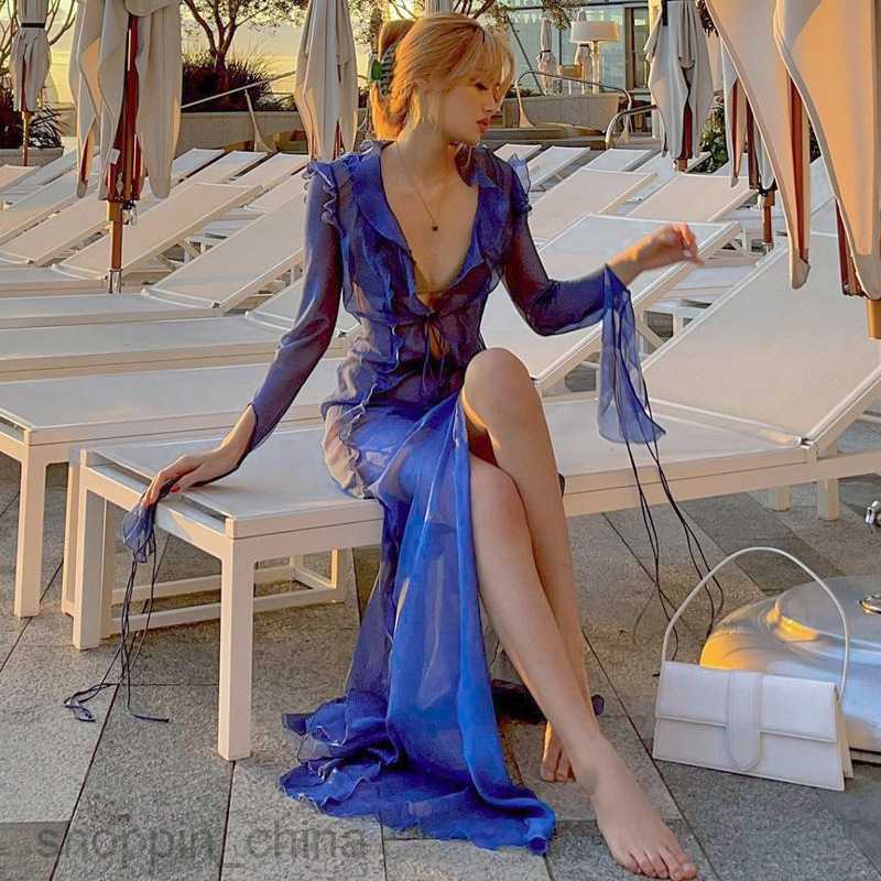 Basic Casual Women Dresses Feng Spring New Women's Sexy Perspective Reverse Side Lace V-neck Split Dress for Women