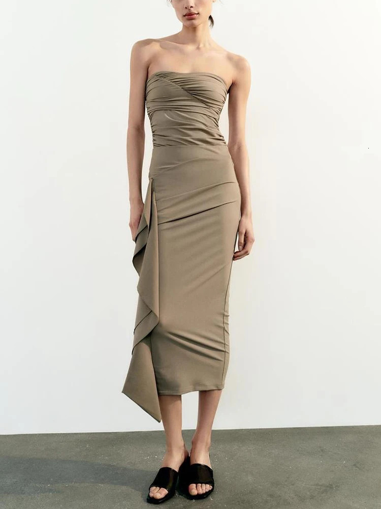 TRAFZA Womens Summer Strapless Bodysuit Ruffle Half Skirt Set Backless Sexy Tight Bodysuit Ruched Stretch Two Piece Suit 240601