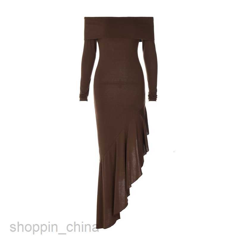 Basic Casual Women Dresses Style Fashion Women's Dress Temperament Shoulder Long Sleeve Fit Ruffle Edge Long Dress for Women