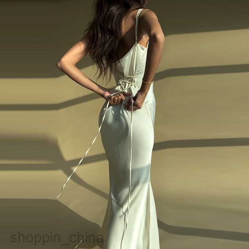 Basic Casual Women Dresses Summer Elegant Style New Solid Color Splicing Lace up Waist Tie Long Slim Hanging Strap Dress for Women