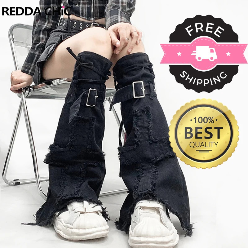 REDDACHiC Cross Raw Edge Women Leg Warmers Black Gaiter Lolita Gothic Beenwarmers Denim Boots Cover Knee Long Socks Y2k Clothes 240613