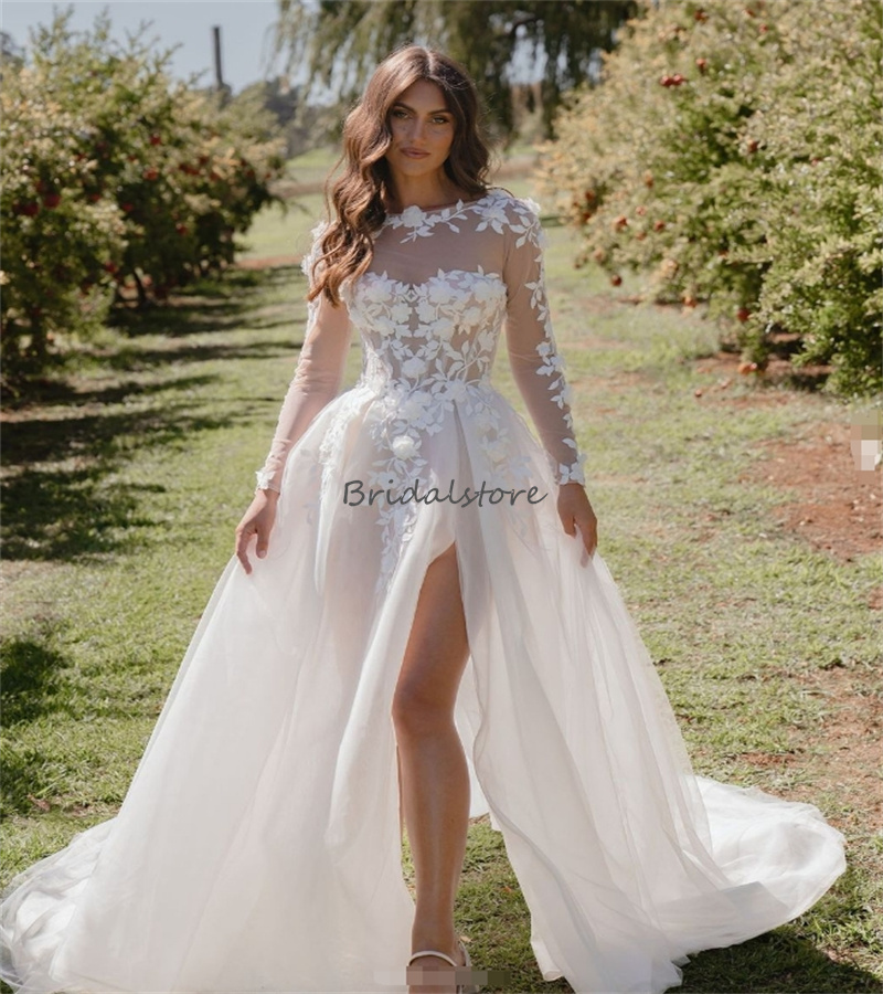 Charming Lace Boho Wedding Dresses With High Slit Elegant Long Sleeve Summer Garden Bridal Dress Tulle 3D Florals Bohemian Bride Dress Custom Made For