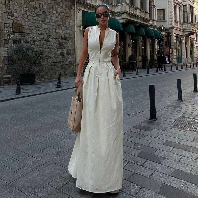 designer summer new style zipper waist pocket long solid color sleeveless dress G05