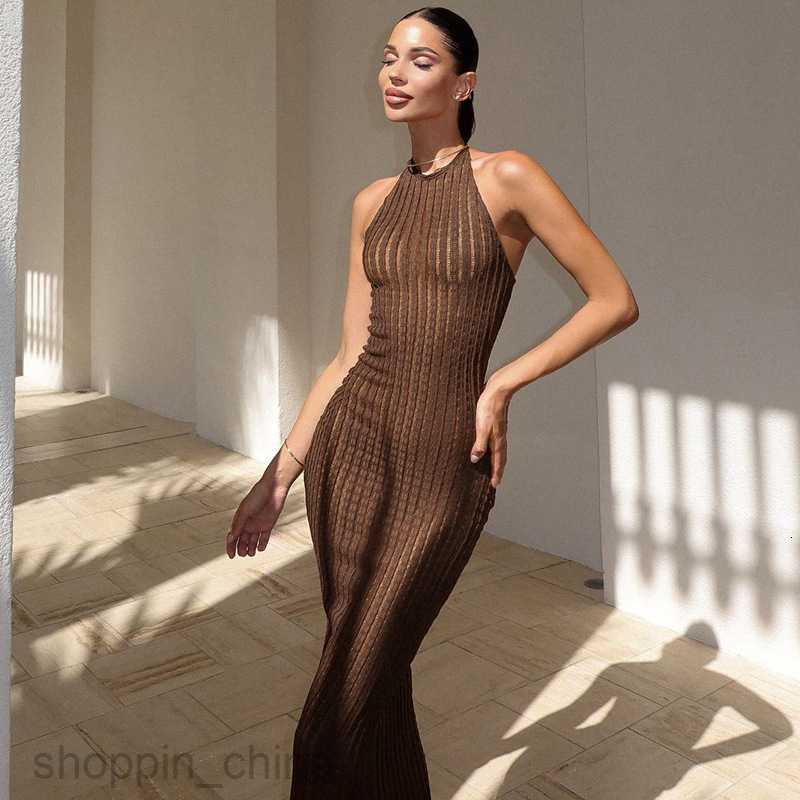 Basic Casual Women Dresses Knitted neck hanging sleeveless tight fitting long dress summer new solid color sexy backless dress for women