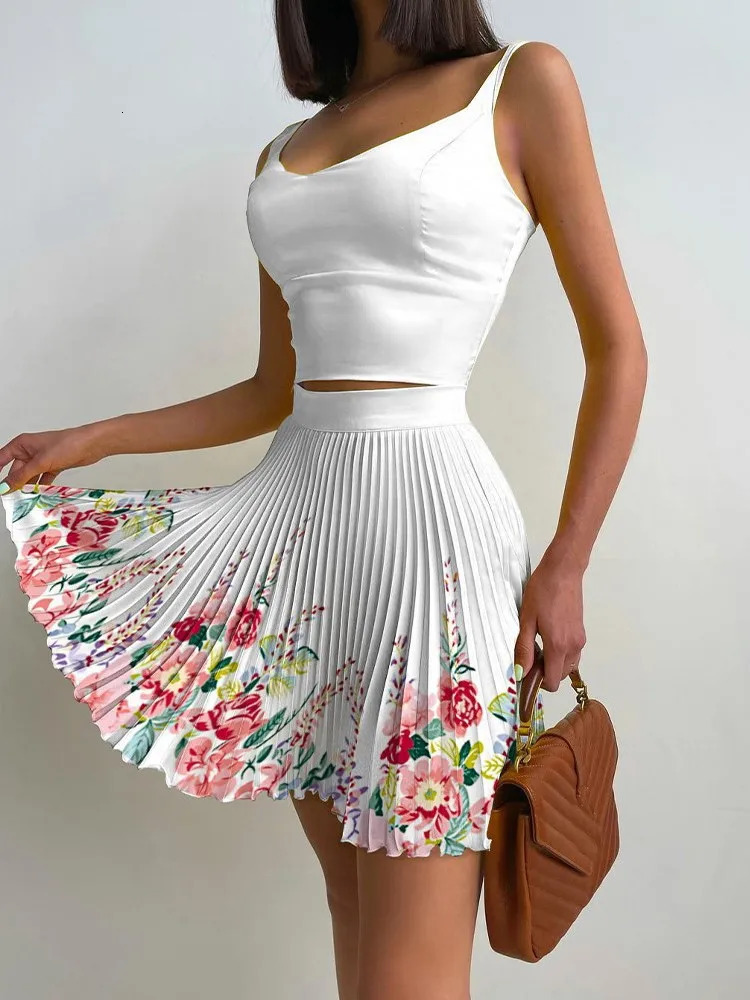 Two Piece Set For Women Mini Print Short Pleated Skirt Sets 2 Piece Sets Floral Camisole Skirt White Outfit For Sexy Club Party 240601