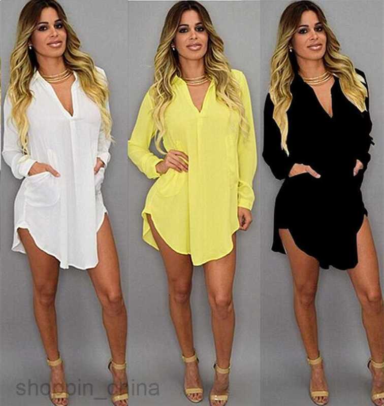 Designer Women Summer Beach Chiffon Dress Casual Long Sleeve Mini Party Blouse Shirt Dresses Plus Size Women Clothing S02