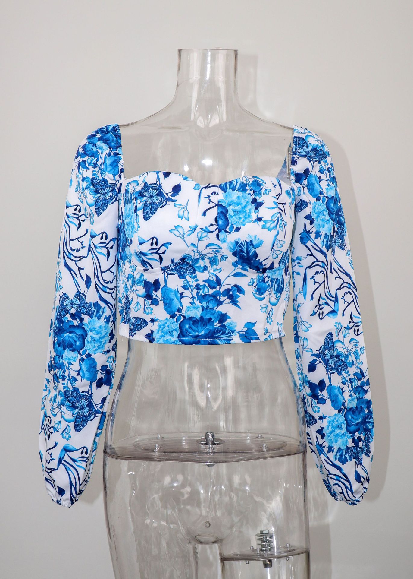 2024 autumn Chinese style blue and white square collar long-sleeved top sexy short shirt womens top women clothing