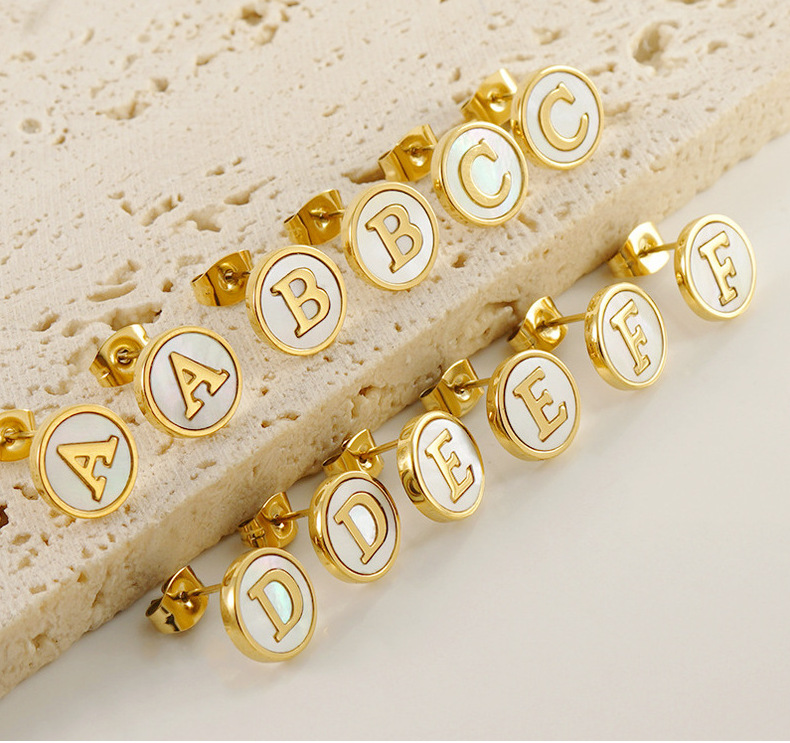 Non Tarnish 18k Gold English Letter Stud Earrings Designer Jewelry Natural Shell Alphabet Initial Name Ear Rings for Woman Girls Luxury Jewelry Gift