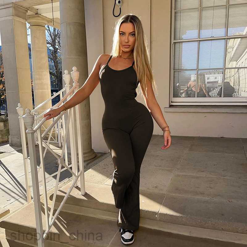 Women Jumpsuits Rompers Women's 2024 spring new solid color suspender backless wide leg flared pants sports yoga jumpsuit