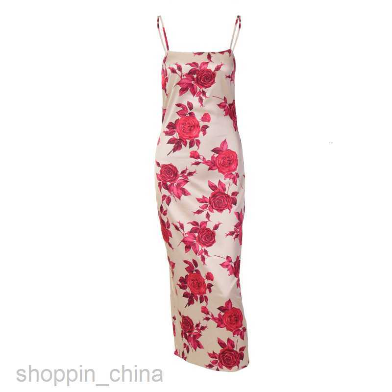 Basic Casual Dresses Wind Summer New Rose Print Strap Dress Women's Fragmented Flower Style Long Dress