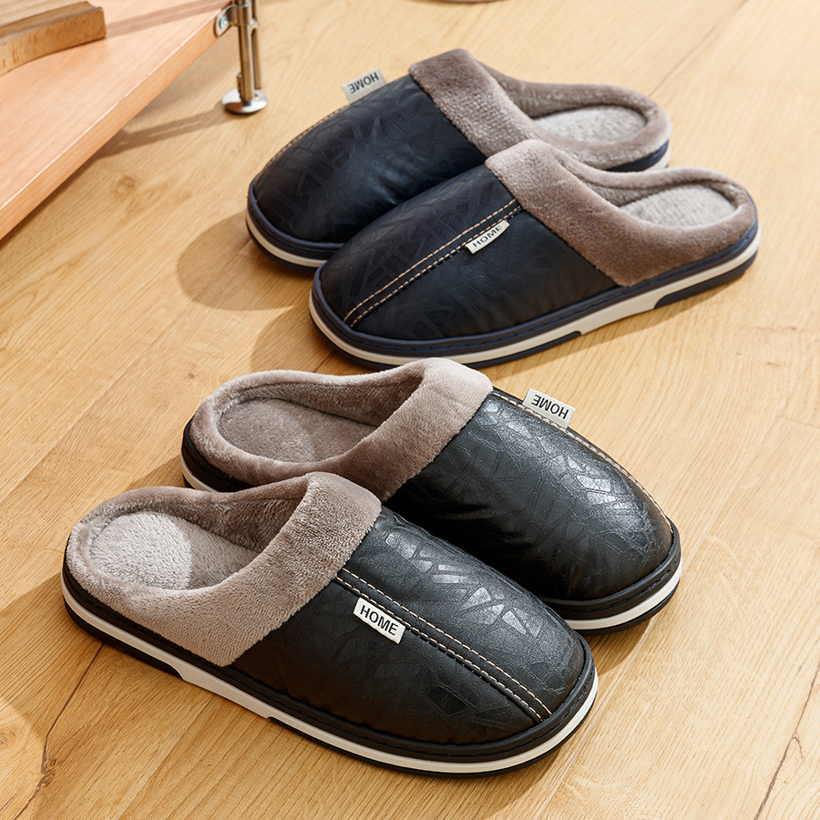 Men's Slippers Winter Big Size Indoor Waterproof PU Leather Large Sizes Home Cotton Shoes Fur Flat Cotton Bedroom Houseshoes 05C