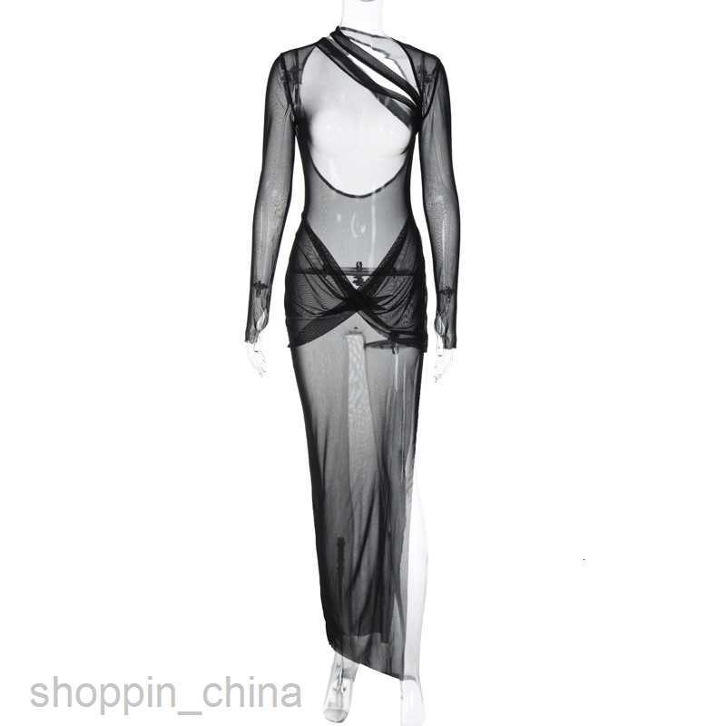 Basic Casual Women Dresses Women's Spring New Long sleeved Sexy Mesh Perspective Long Skirt Hollow Open Back Dress for Women