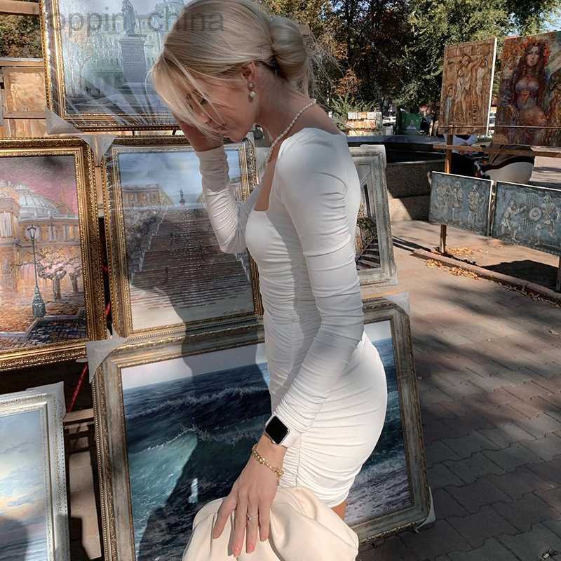 Basic Casual Dresses New women's clothing spring square neckline pleated brushed long sleeved sexy slim fit dress