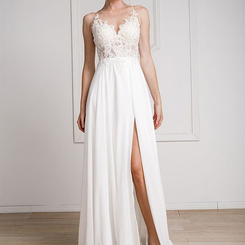 Simple White Chiffon Beach Wedding Dress Straps Lace Appliques A-Line Long Bridal Gowns Side Slit Sexy Summer Boho Bride Dresses 2024