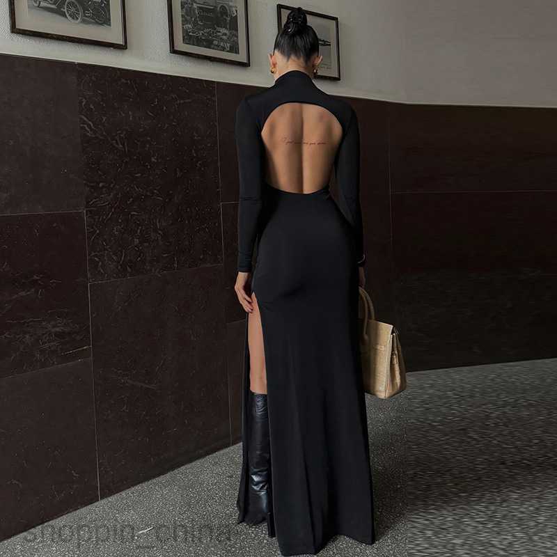 Basic Casual Dresses Feng Spring New Women's Long sleeved necked Sexy Open Back Split Long Dress Fashion Dress