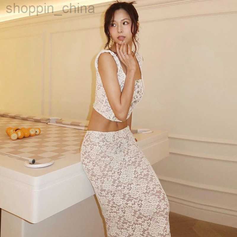 Two Piece Dress Sets Fashionable summer street style sexy buckle strap double-layer patchwork lace long skirt set