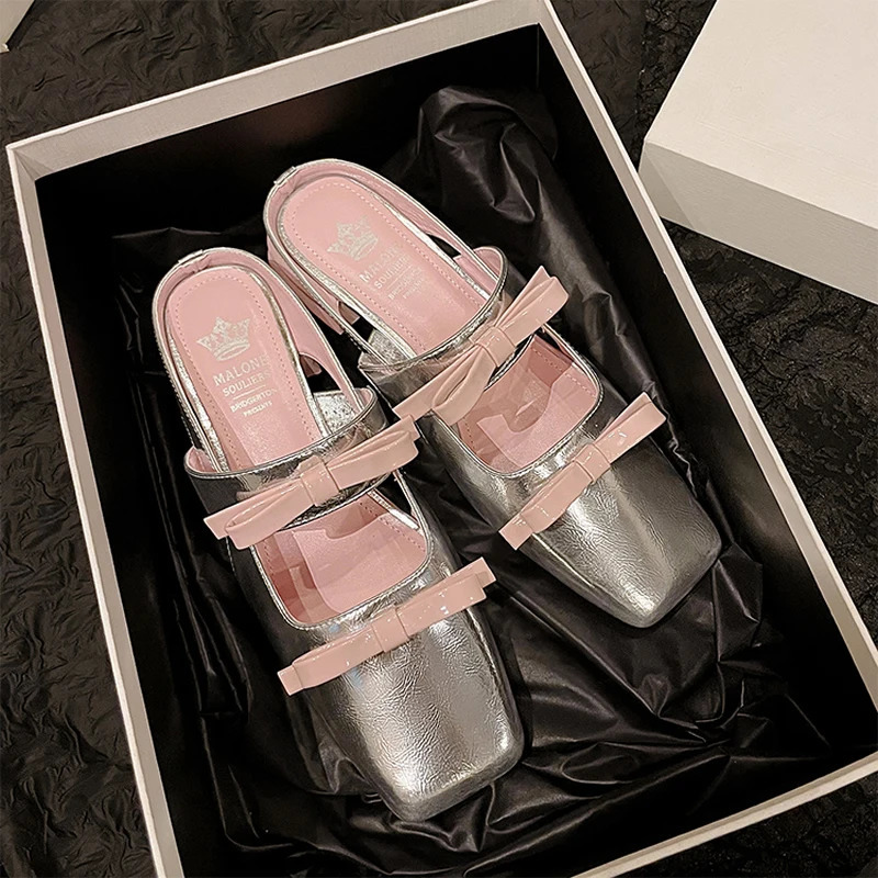 2024 Genuine Leather Square Head Shallow Mouth Single Shoes Womens Bow Versatile Comfortable Low Heel Thick Heel Small Shoe 240612